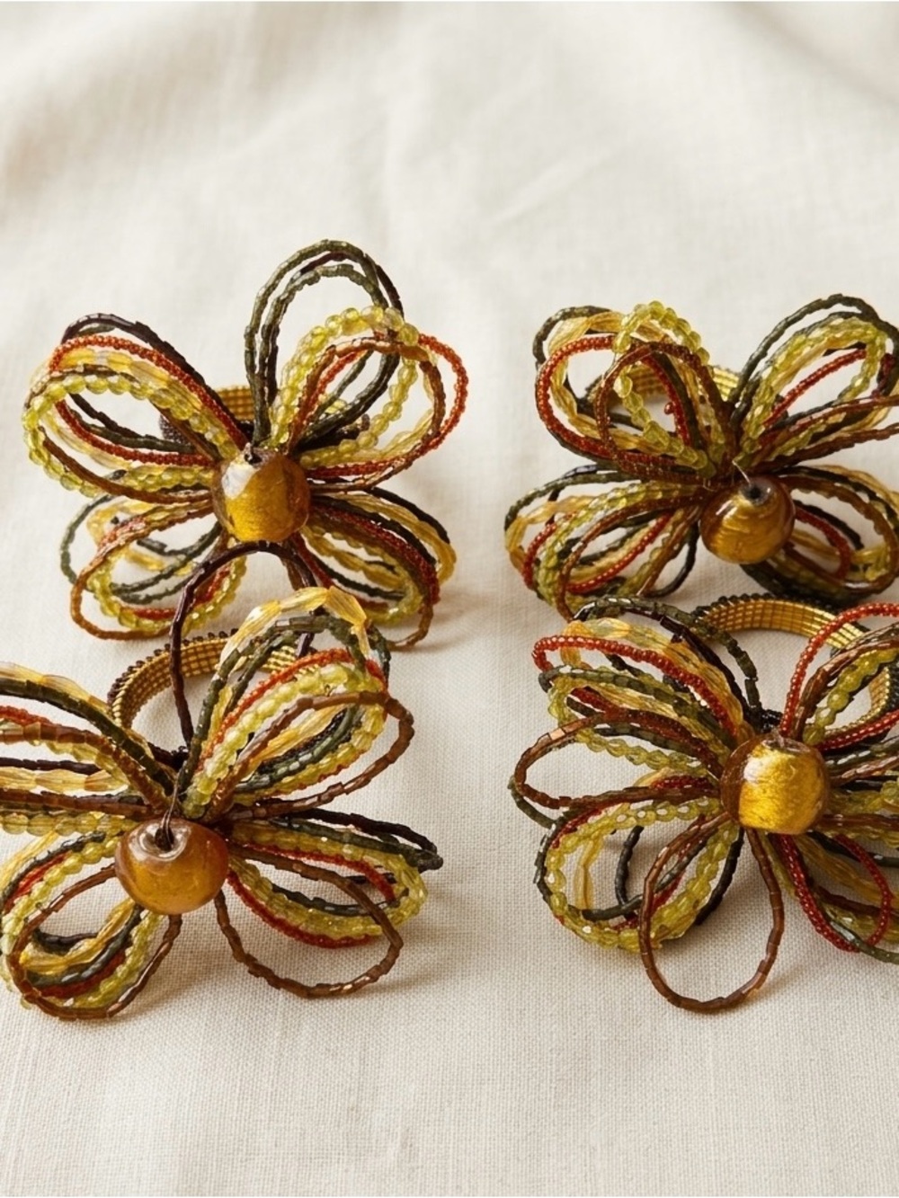 Set of 4 Pier 1 Beaded Flower Napkin Rings - Amber & Gold Tones